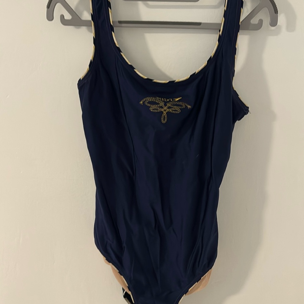 Navy blue and gold speedo one piece